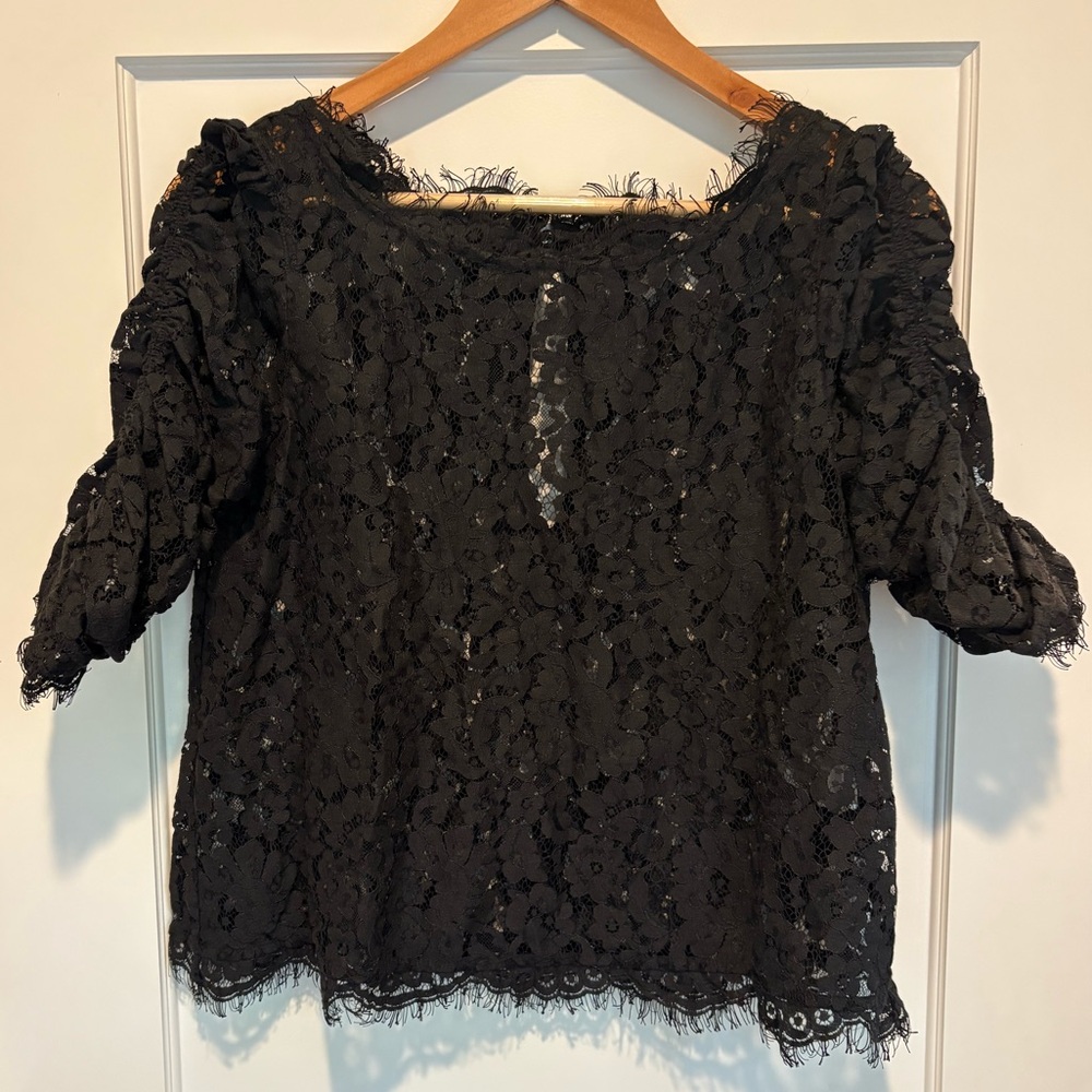 Joie Black Lace Top, ruched sleeves, size medium